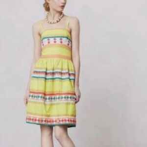 Anthropologie Quilotoa dress quilted ribboned Leifsdottir yellow green colorful